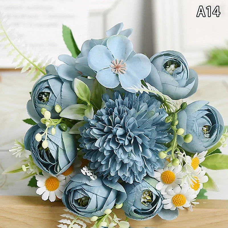 Artificial 1PC Flowers Wedding Home Bedroom Decoration Bridal Bouquet Garden Fake Silk Roses Hydrangeas Vase For Board Outdoors