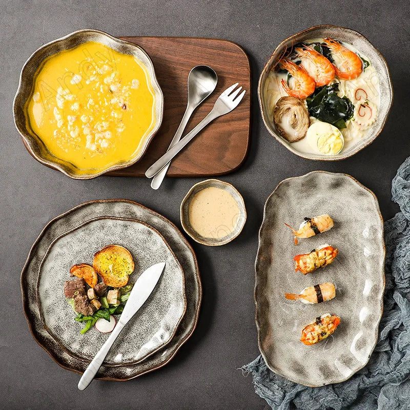Creative Ceramic Plate Set French Irregular Decor Fruit Salad Dish Modern Hammer Texture Desktop Dinner Set Plates and Dishes