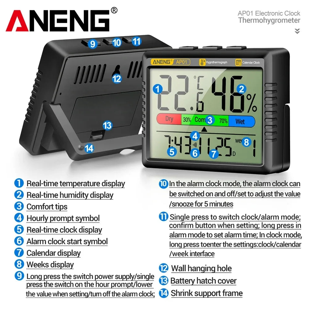 ANENG AP01 Digital Air Thermometer Hygrometer Desktop Alarm Clock Mini Table Thermohygrometer With High Definition Screen