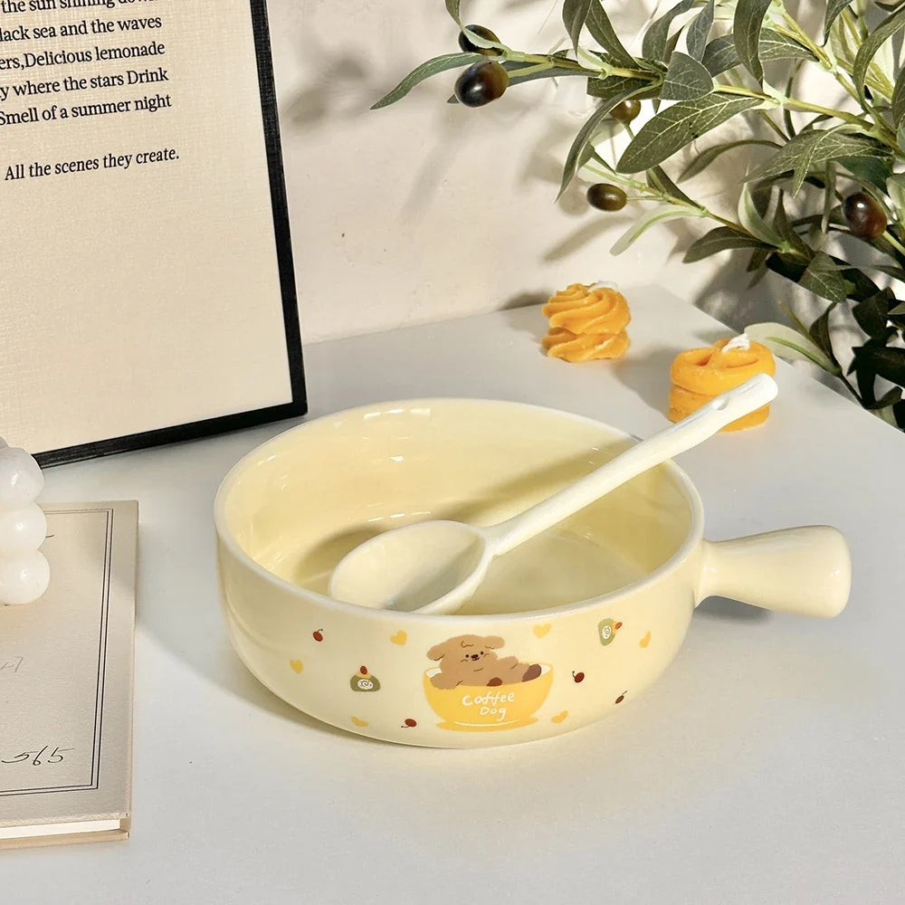 Printed Puppy Dog Pattern Ceramic Bowl Set Underglaze Color Tableware Sweet Style 3 Piece With Spoon For Daily Home Use Dining
