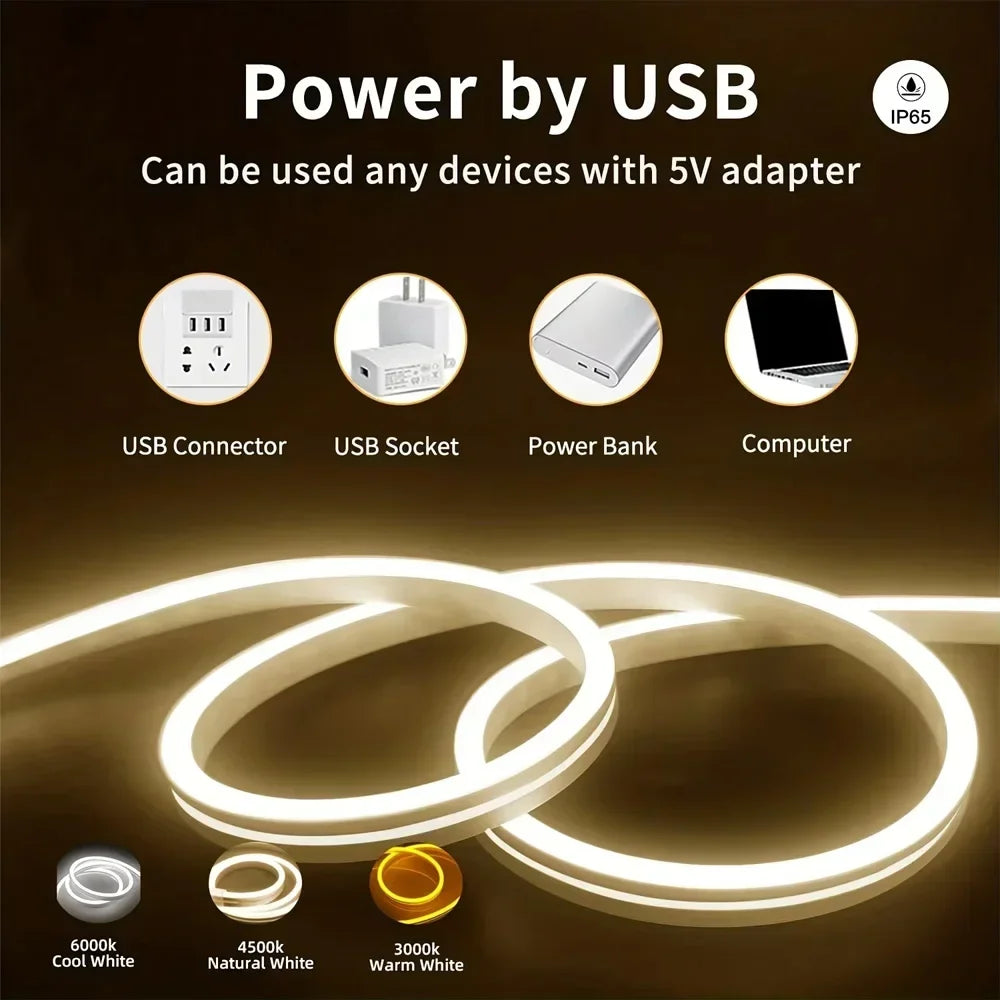 Neon LED Light Strip USB 5V Waterproof Flexible Rope with Motion Sensor Switch Room Decoration TV Backlight Gaming Setup Decor