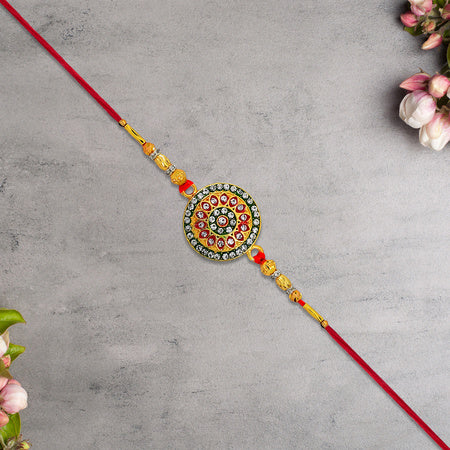 Royal Designer Rakhi With Kundan Centerpiece Red  Green Enamel Work And Golden Beads