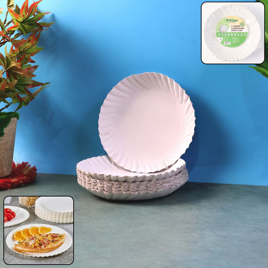 Freshee 7 Inch Round Compostable Paper Plate - 25 Pcs Pack