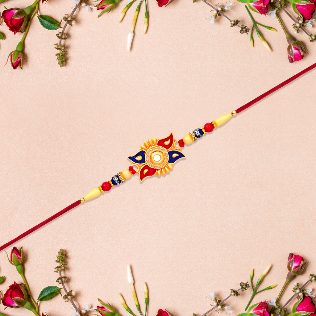 Designer Sun Motif Rakhi With Red And Blue Enamel Work