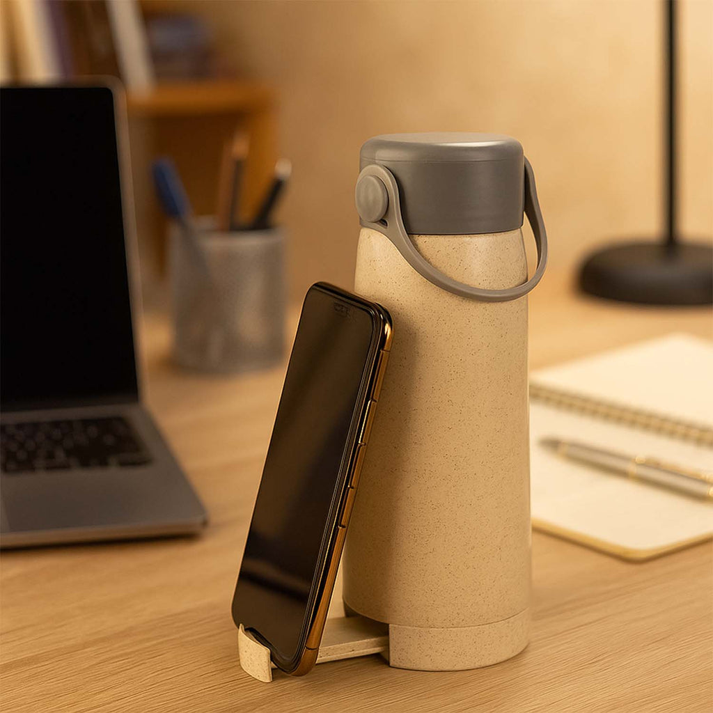 6951 High Portable Water Bottle Creative Wheat Fragrance Glass Bottle Water With Mobile Phone Holder Wide Mouth Glass Water 380ml (Moq - 80 Pc)