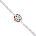 Traditional Floral Rakhi With Red  Green Stones  Silver Designer Rakhi For Brother