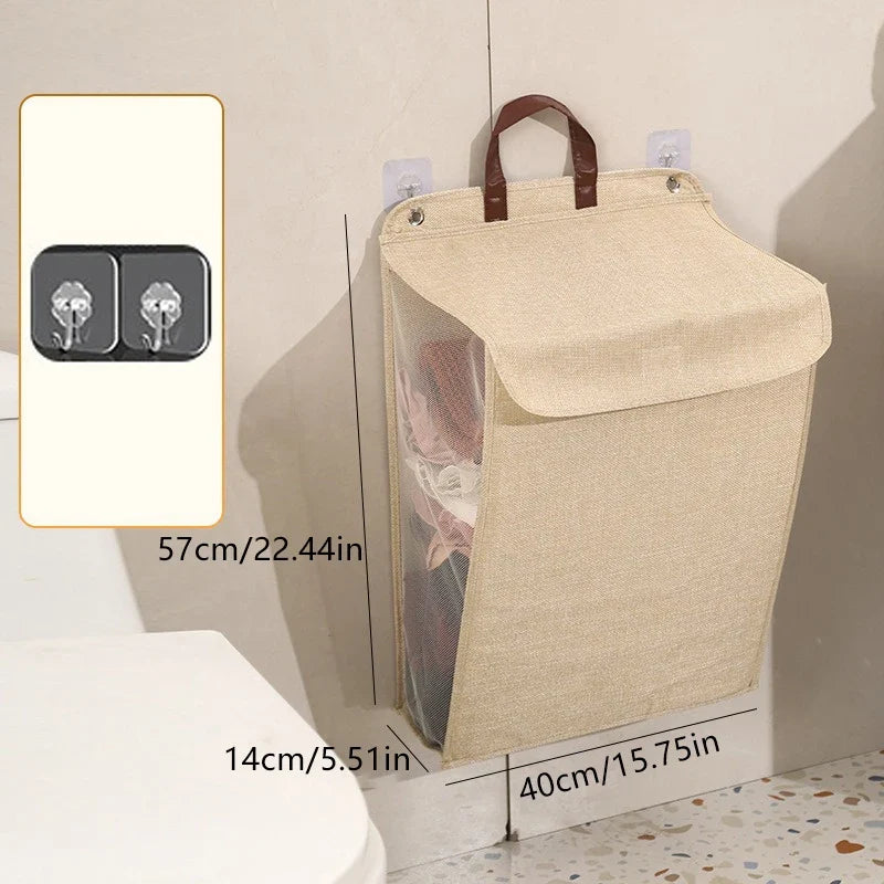 Washing Clothes Mesh Hook Organizer Foldable Adhesive Laundry Basket Hamper, Multifunctional Punch Free Wall Hanging