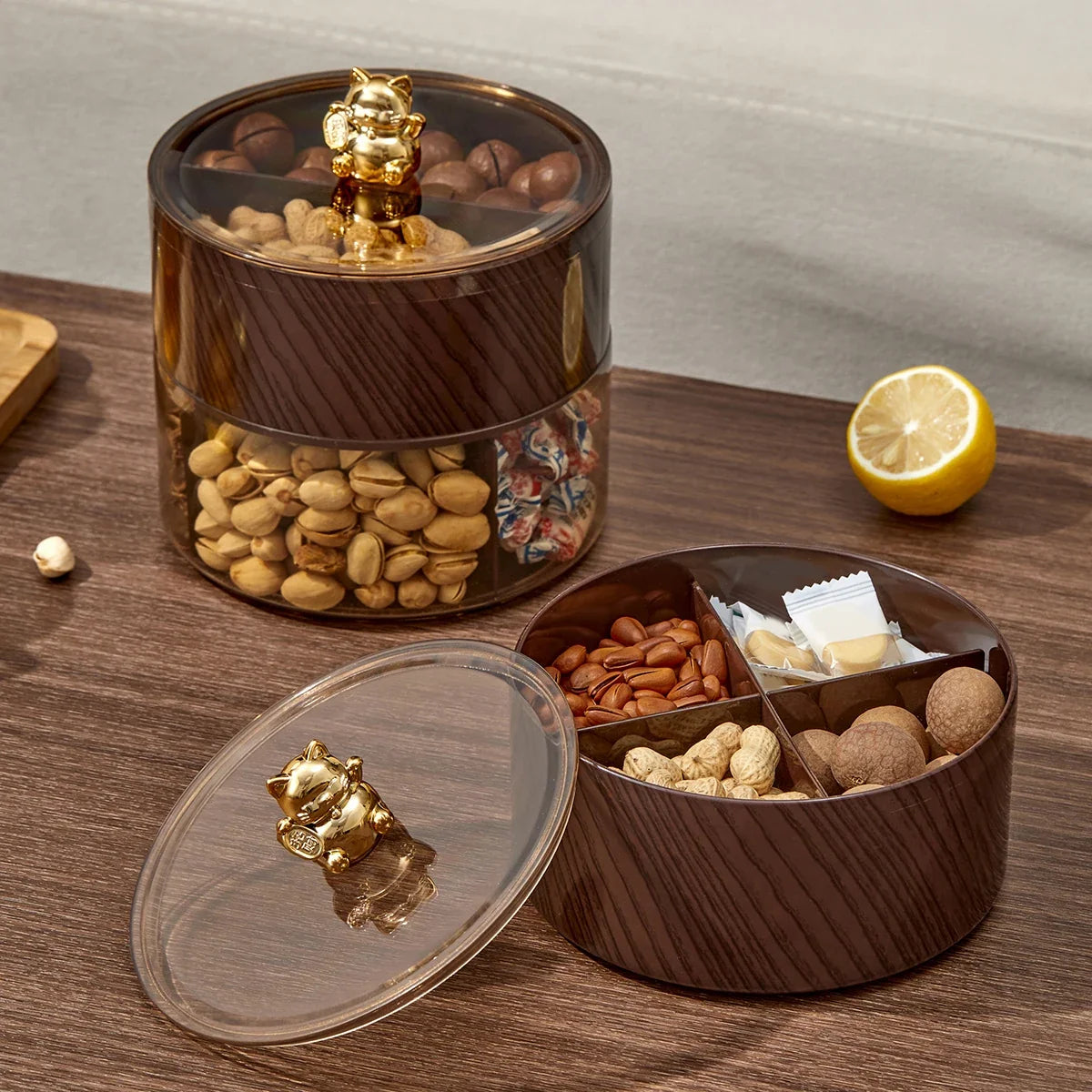 WORTHBUY Round Plastic Food Serving Tray With Lid 1/2/3 Layer Snack Fruit Tray Divided Dried Fruit Candy Storage Box For Kitchen