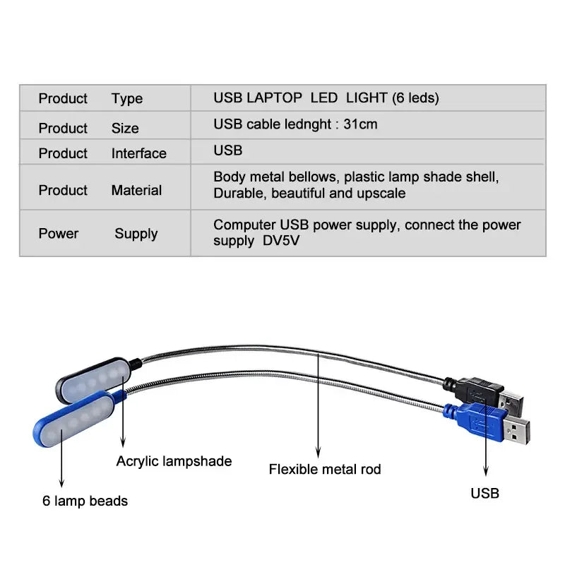 Portable USB LED Notebook PC Mini Book Light Reading Light Table Lamp Flexible 6leds USB Lamp for Power Bank Laptop Computer