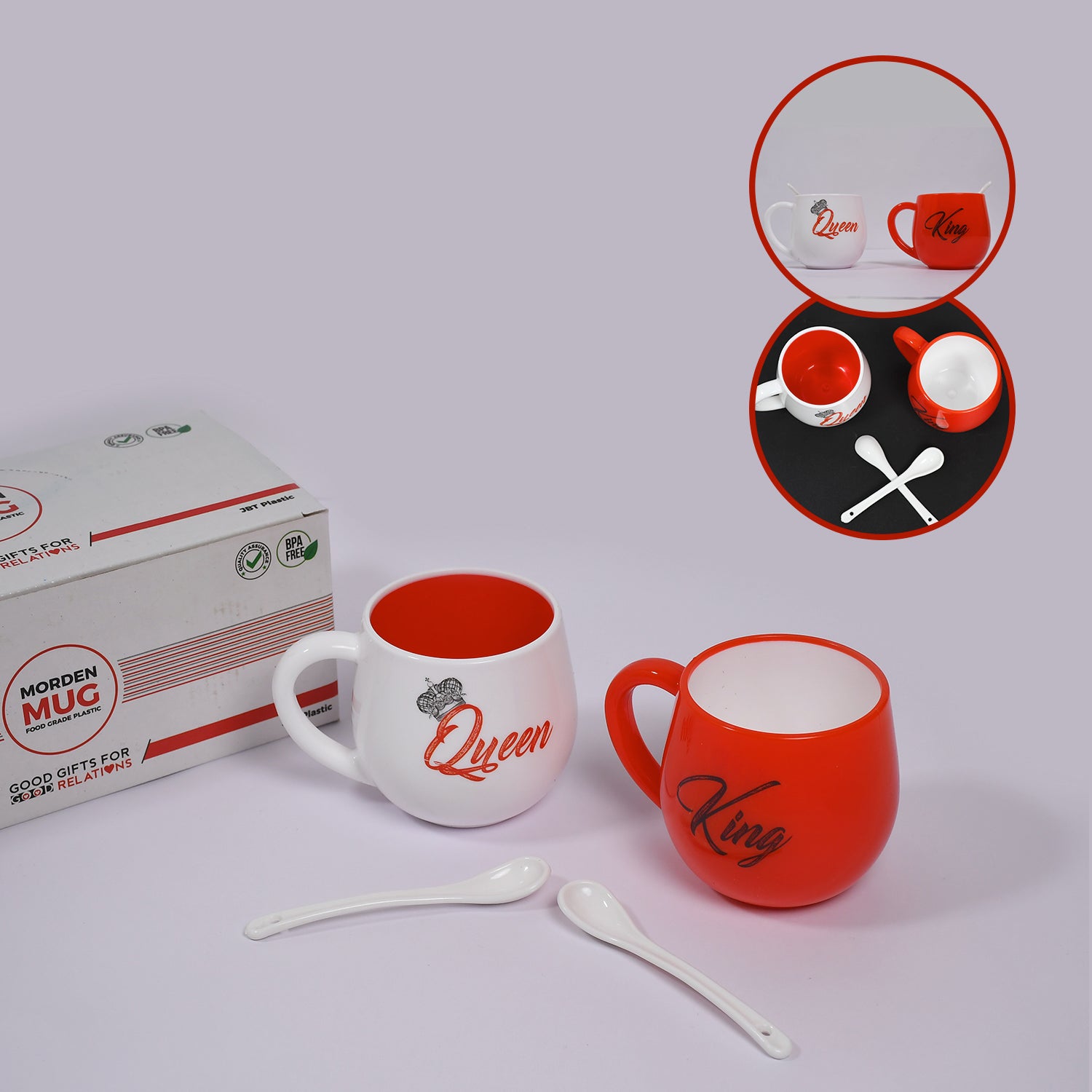 4764 King  Queen Printed Couple Matching Coffeetea Plastic Coffee Mug (300ml Set Of 2)