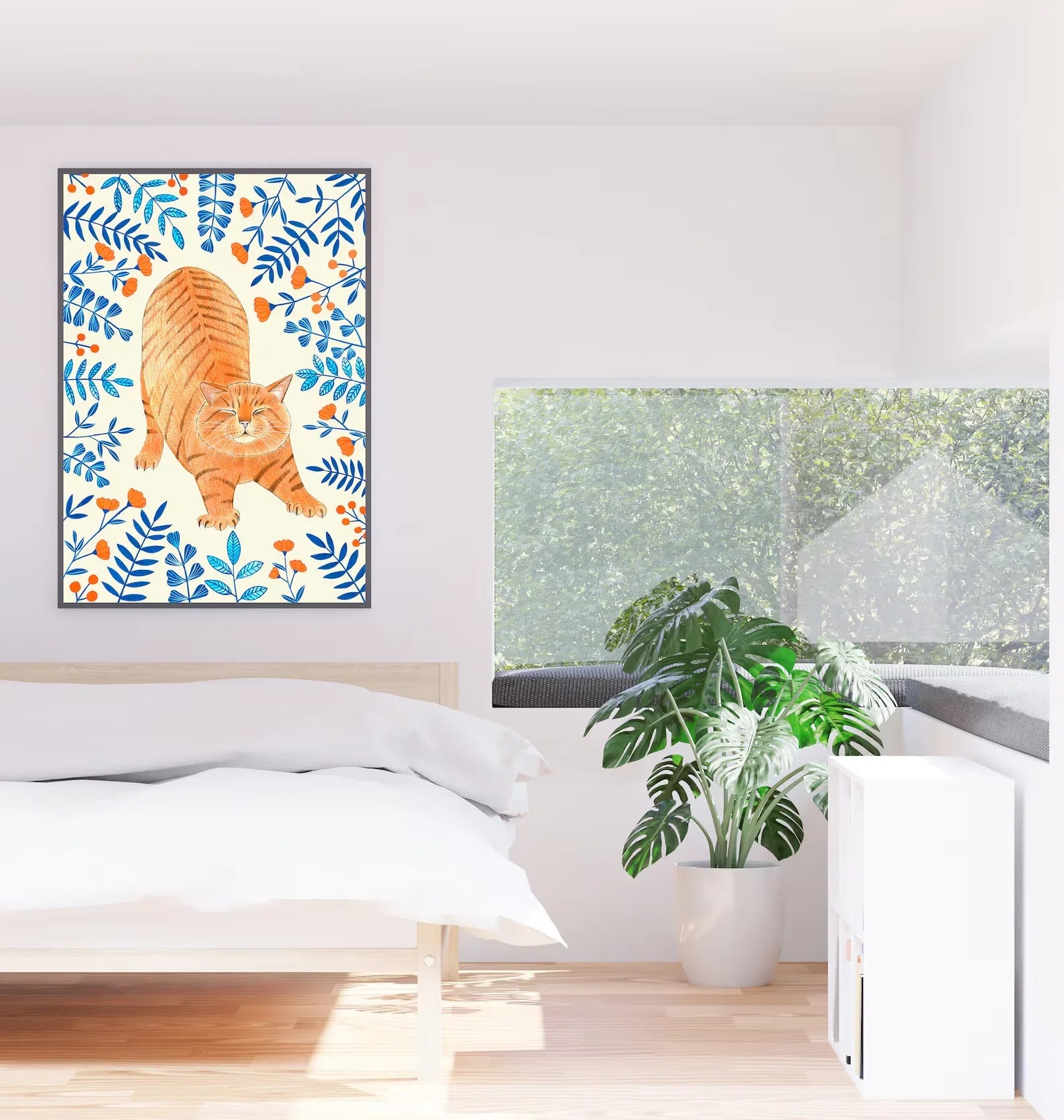 Ginger cat wall art, Floral art print, Orange cat painting, Kitten illustration, Animal artwork, Nursery prints, Flowers wall de