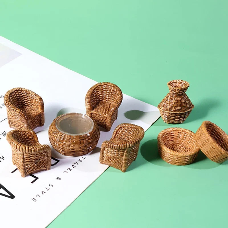 2Pcs/3Pcs Dollhouse Mini Furniture Model Simulation Fish Basket Basket Chair Table Shooting Scene Props