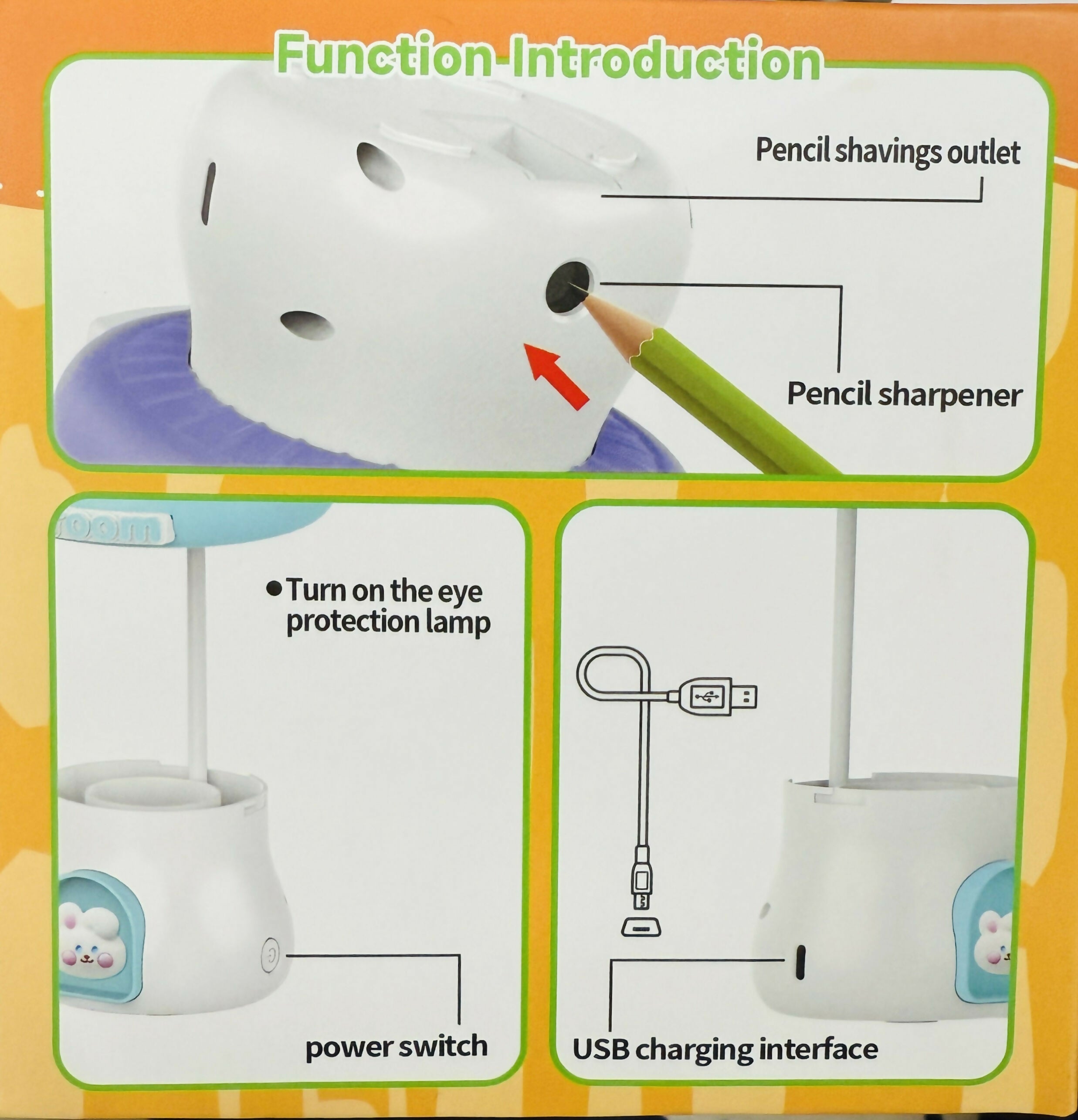 Mushroom LED Desk Lamp with Pencil Sharpener & USB Charging (Color may vary)