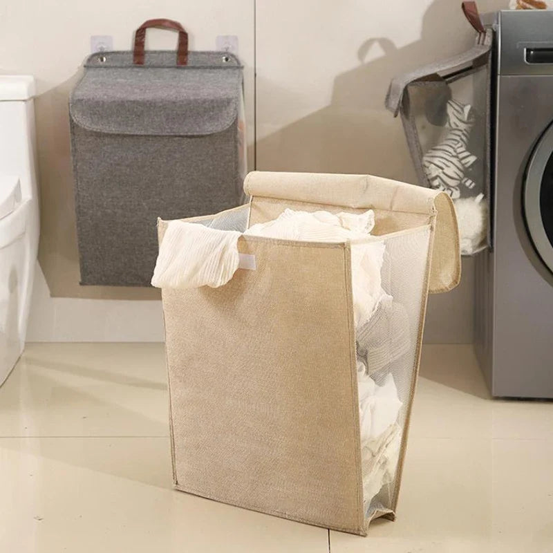 Washing Clothes Mesh Hook Organizer Foldable Adhesive Laundry Basket Hamper, Multifunctional Punch Free Wall Hanging
