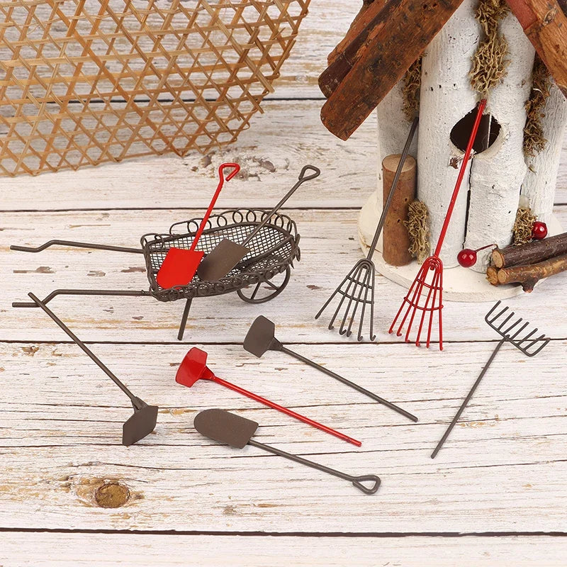 1/12 Dollhouse Simulation Garden Tools Kit Dollhouse Shovel Rake Hoe Cart Farm Tool Ornaments Dolls House Accessories