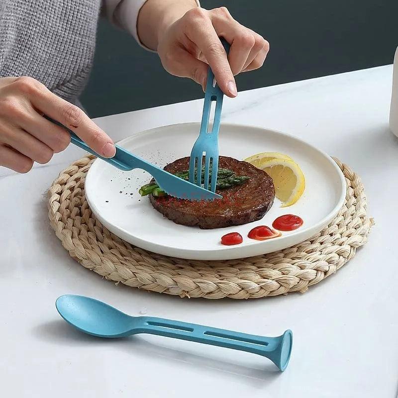 Wheat straw three in one portable children's knife, fork, spoon, family plastic spoon, wheat Western tableware set