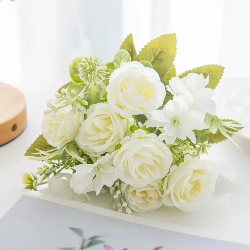 Artificial 1PC Flowers Wedding Home Bedroom Decoration Bridal Bouquet Garden Fake Silk Roses Hydrangeas Vase For Board Outdoors