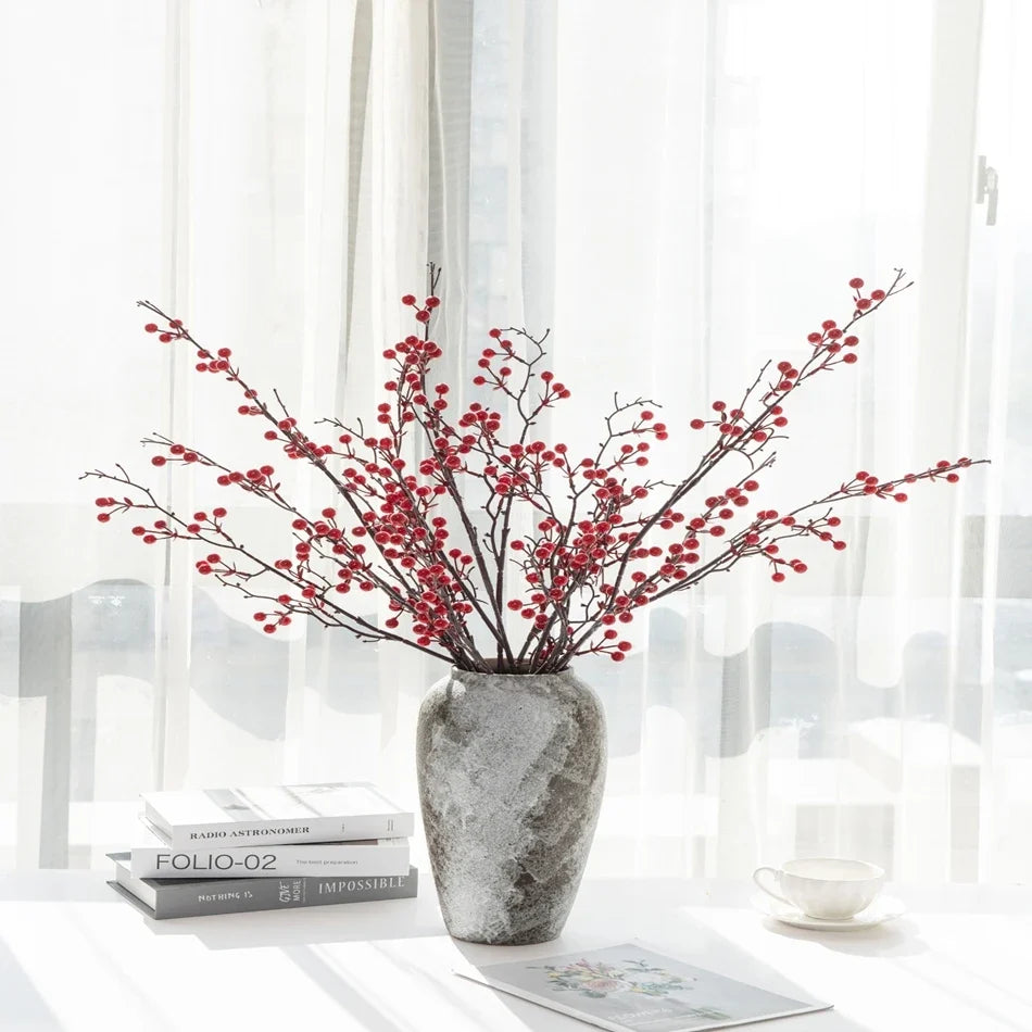 1pc Artificial plants Ilex Little Red Fruits NewYear Home Vase table Garden bonsai holiday Party Wall Wedding Decor DIY Gift Box