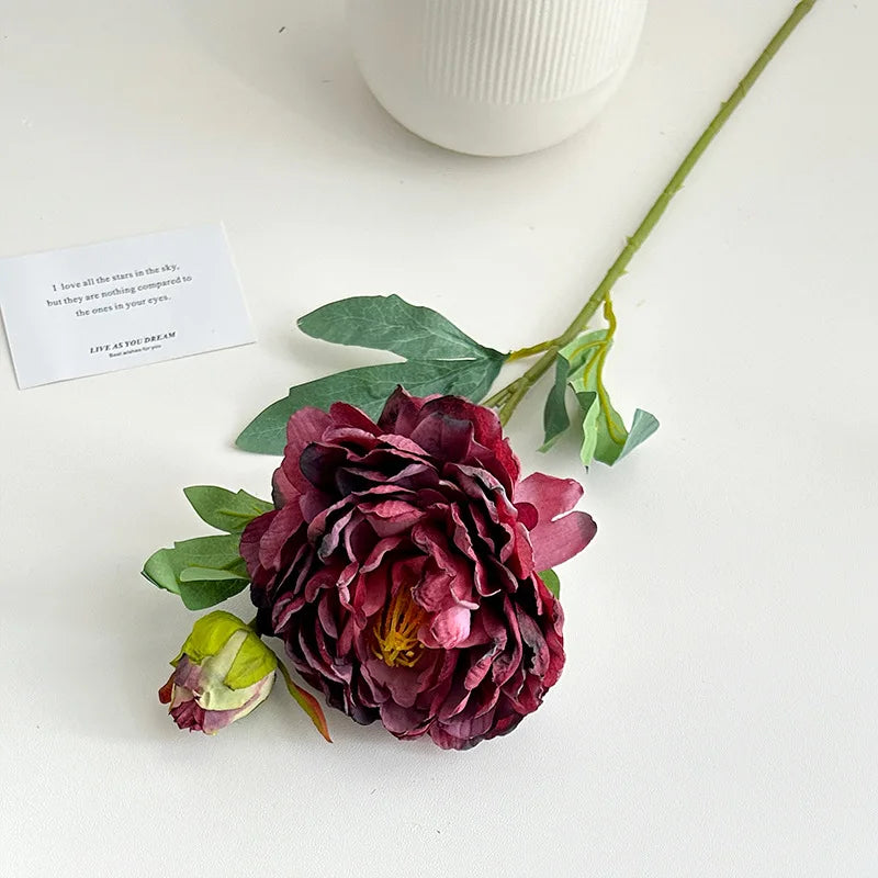 60CM Artificial Focal Edge Peony Flower Retro Oil Painting Baked Edge Peony Silk Flower Home Decoration Photography Prop