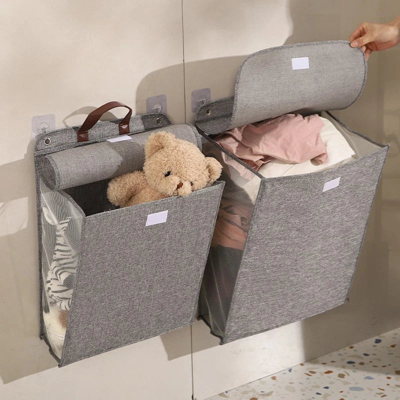Washing Clothes Mesh Hook Organizer Foldable Adhesive Laundry Basket Hamper, Multifunctional Punch Free Wall Hanging