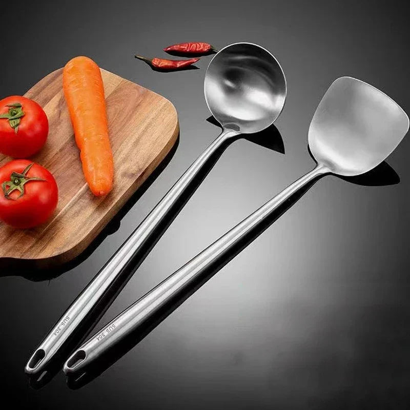 Thickened 304 stainless steel anti-scald spatula set, cooking spatula, kitchenware, household woks, soup spoons, strainers