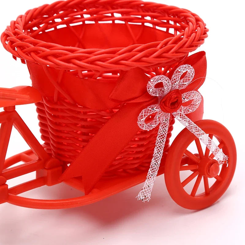 1Pc Rattan Bicycle Flower Basket Vase Storage Three-wheel Cute Flower Pot Ornament