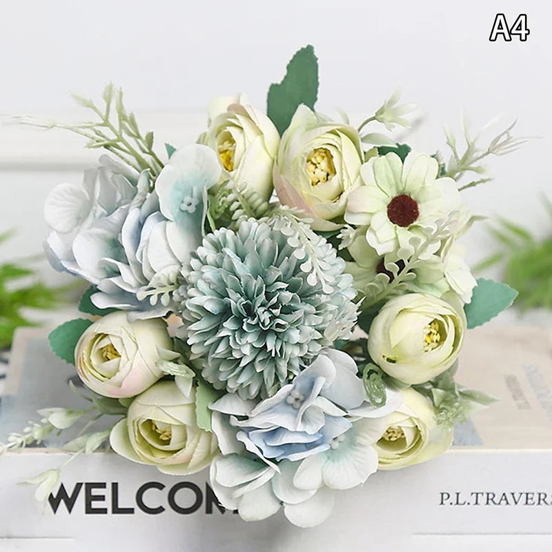 Artificial 1PC Flowers Wedding Home Bedroom Decoration Bridal Bouquet Garden Fake Silk Roses Hydrangeas Vase For Board Outdoors