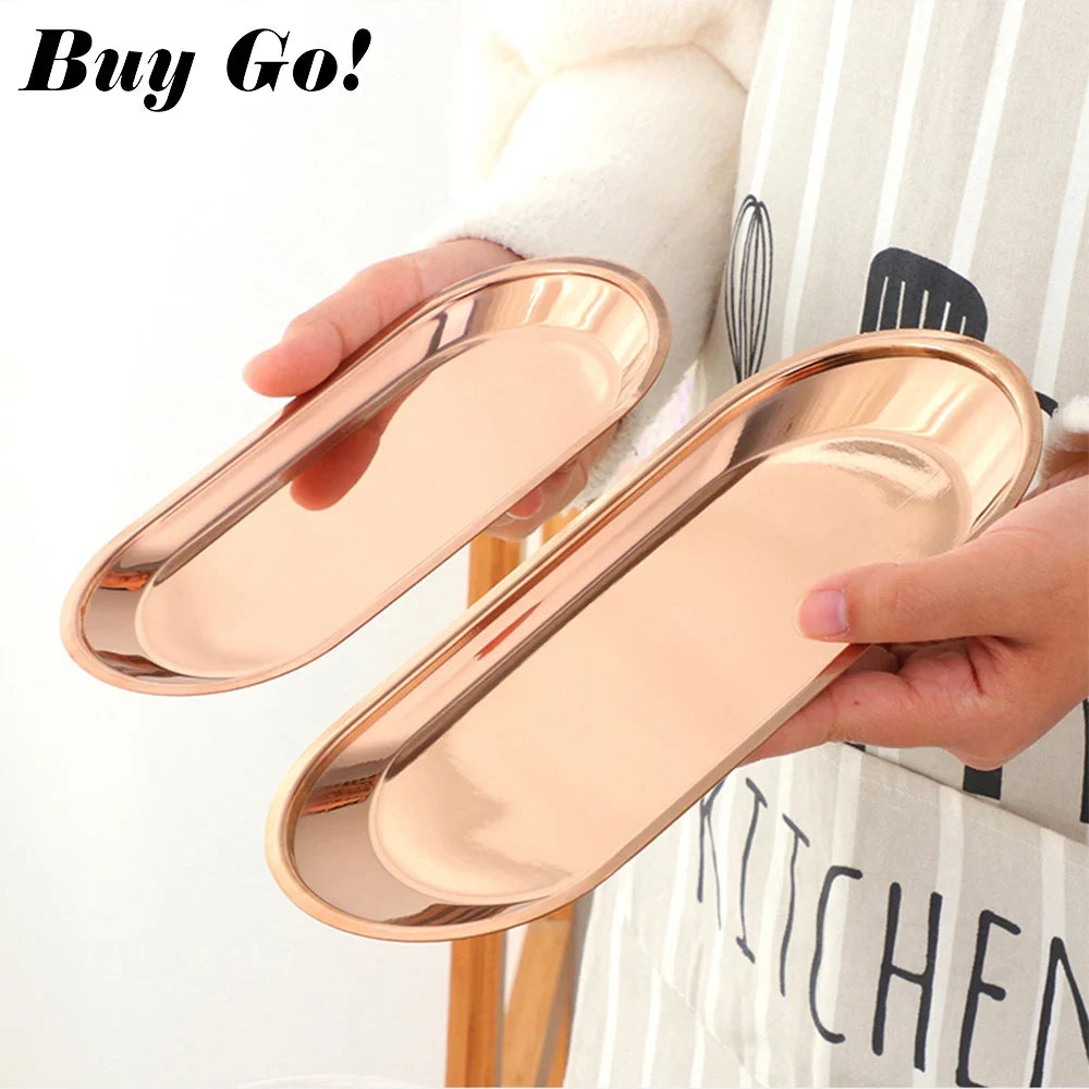 Nordic Style Oval Jewelry Storage Serving Tray Platter Stainless Steel Snack Tray Metal Storage Gold Decoration Home Organizer