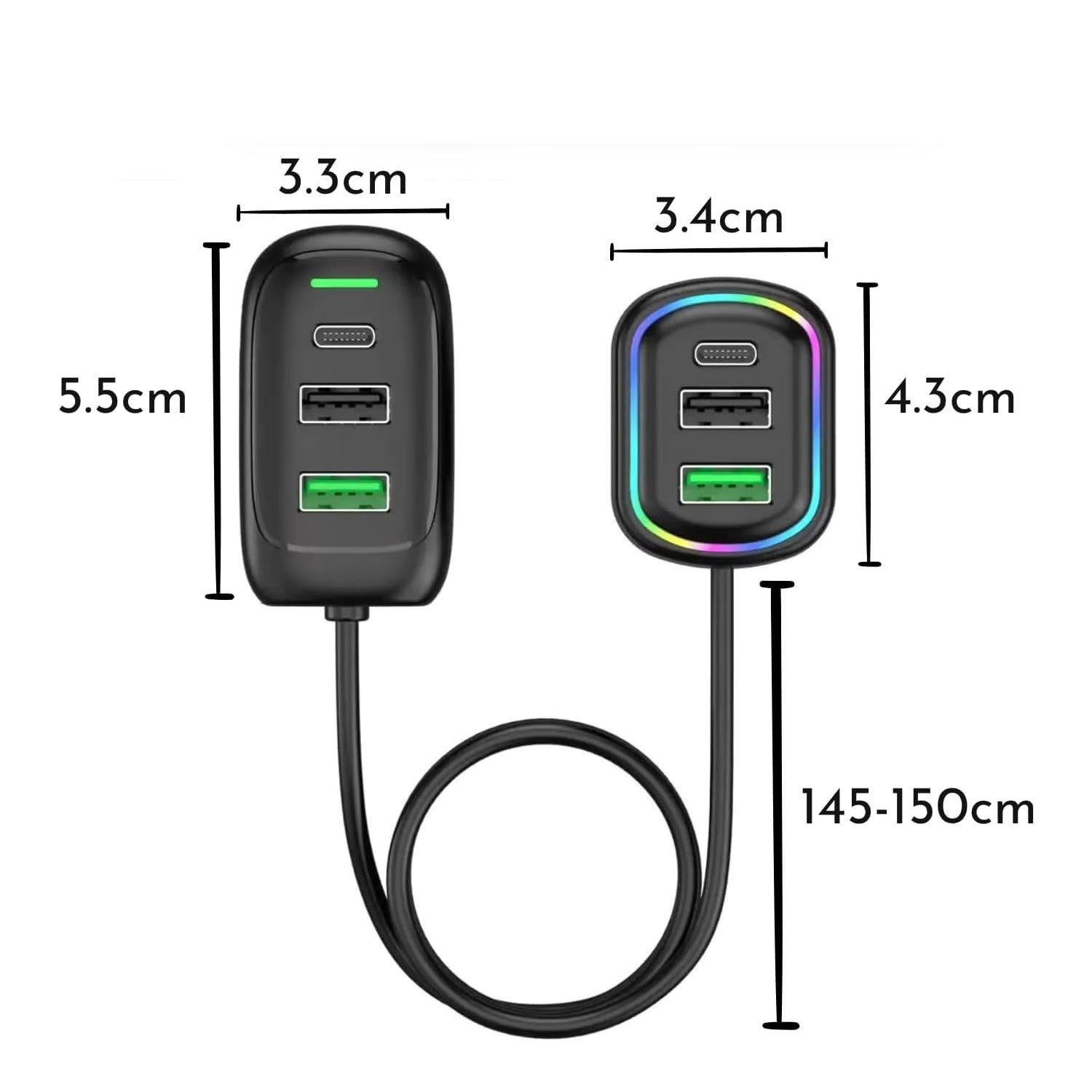 Rgb Breathing Light Multi Port Car Usb Charger (1 Set 1.5m)