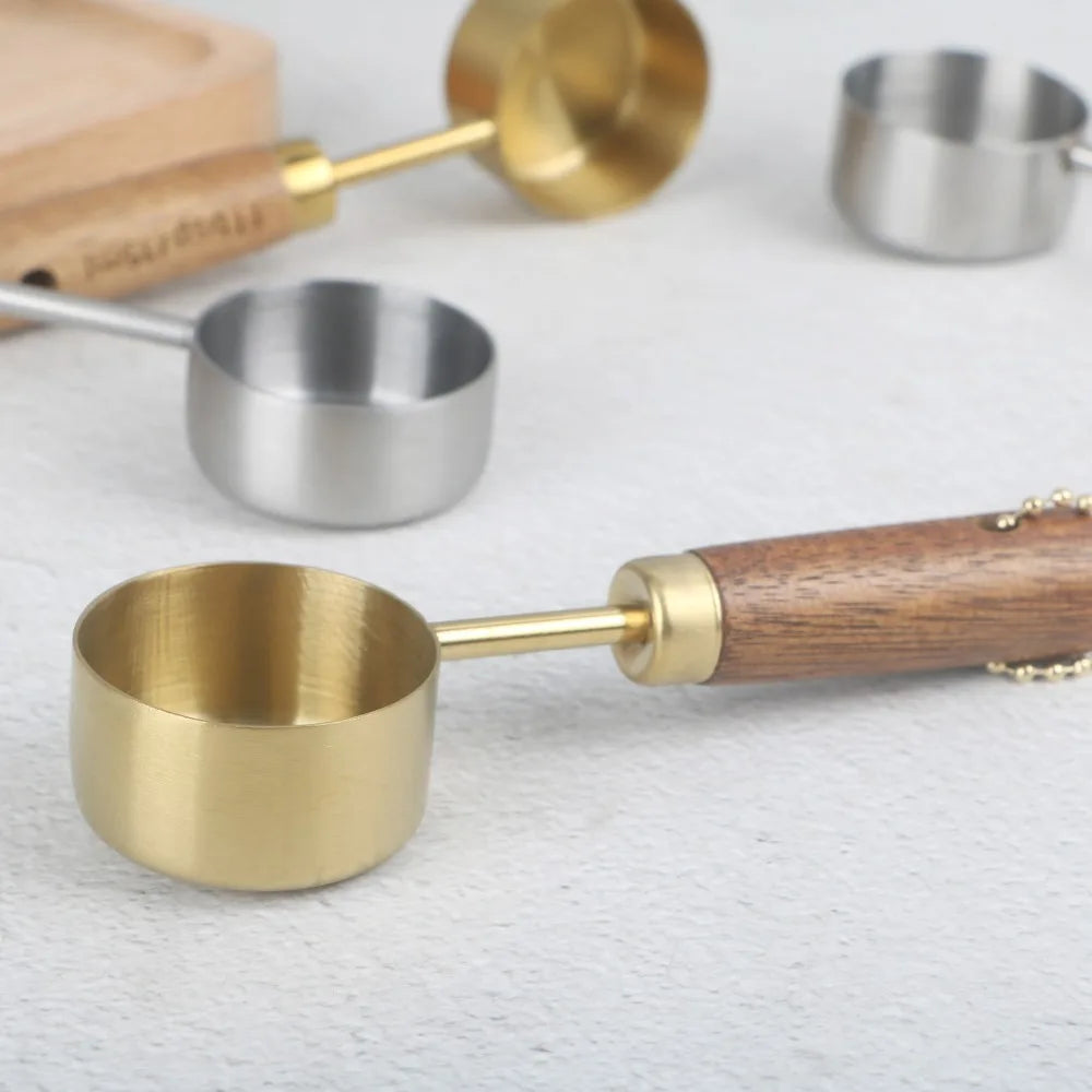 14ml Stainless Steel Measure Spoon with Wood Handle Hangable Measuring Cup Flat Bottom Rustproof Kitchen Measure Tools