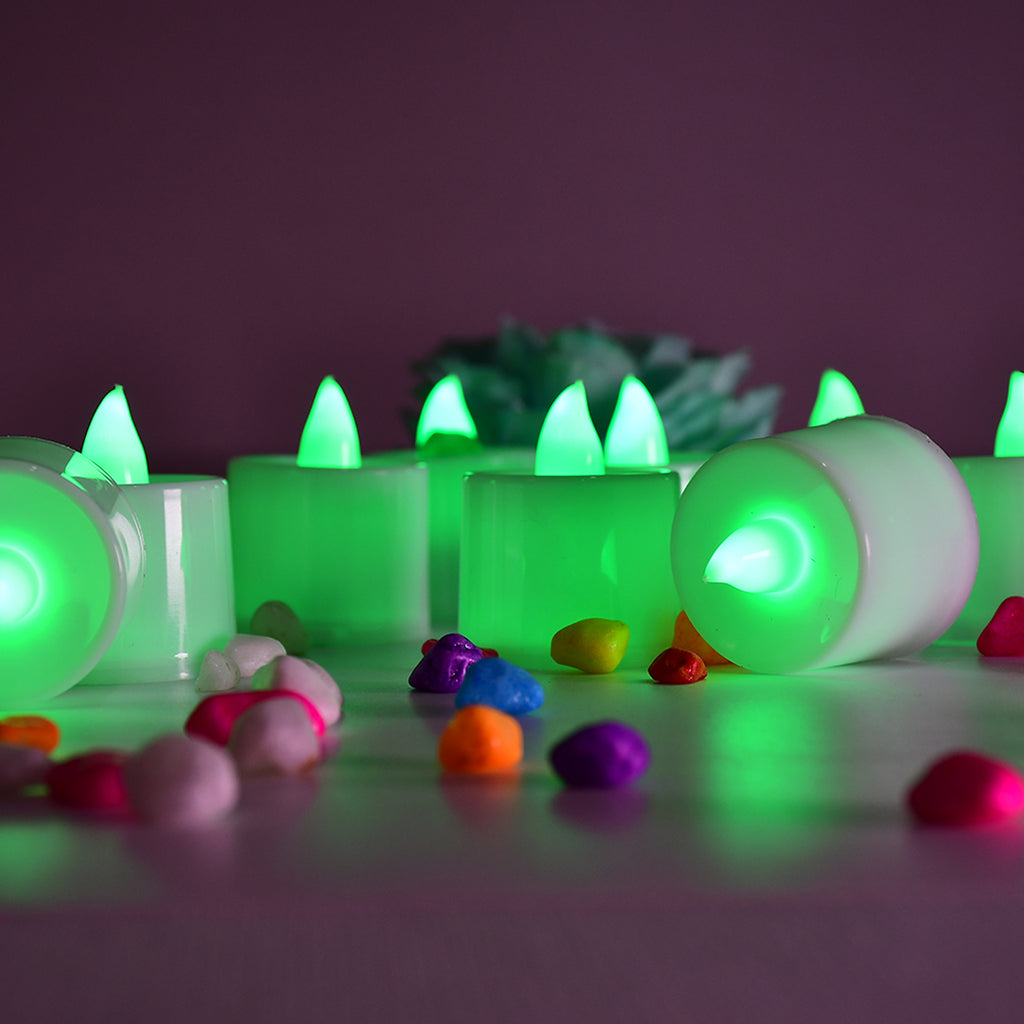 6635 Green Flameless Led Tealights Smokeless Plastic Decorative Candles - Led Tea Light Candle For Home Decoration (Pack Of 24)