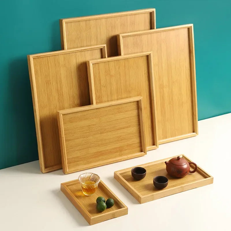 Wooden Bamboo Tray - Rectangular Serving Platter for Home & BBQ | Portable Tray for Bread & Pastries | Eco-Friendly Dining Plate