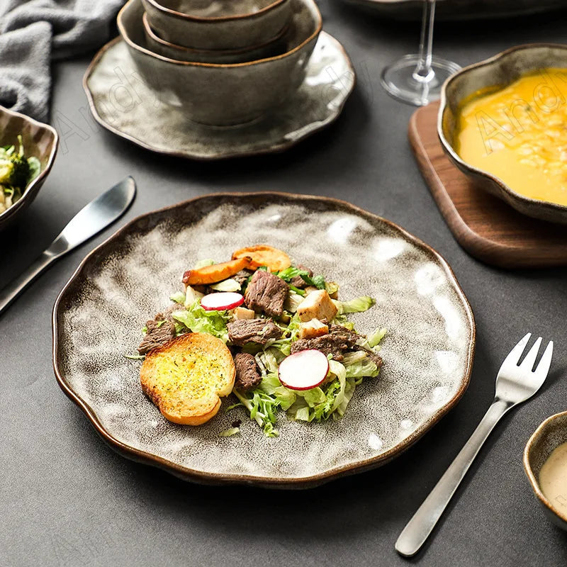 Creative Ceramic Plate Set French Irregular Decor Fruit Salad Dish Modern Hammer Texture Desktop Dinner Set Plates and Dishes