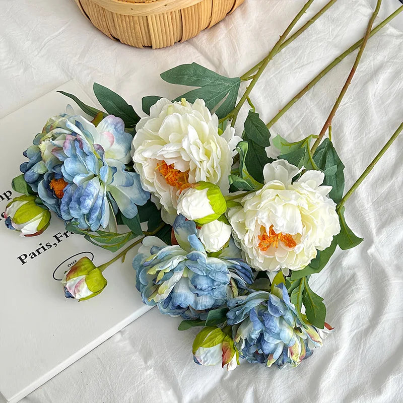 60CM Artificial Focal Edge Peony Flower Retro Oil Painting Baked Edge Peony Silk Flower Home Decoration Photography Prop