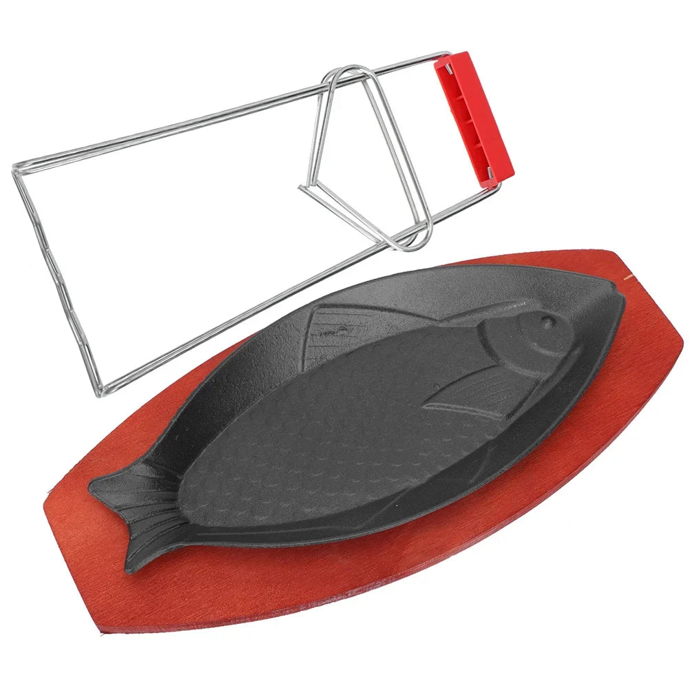1Set Fish Shaped Grilled Pan High Grade Iron Wood Steak Plate Western Food Serving Tray Hotel Baking Tray Grill Pan Non-Stick