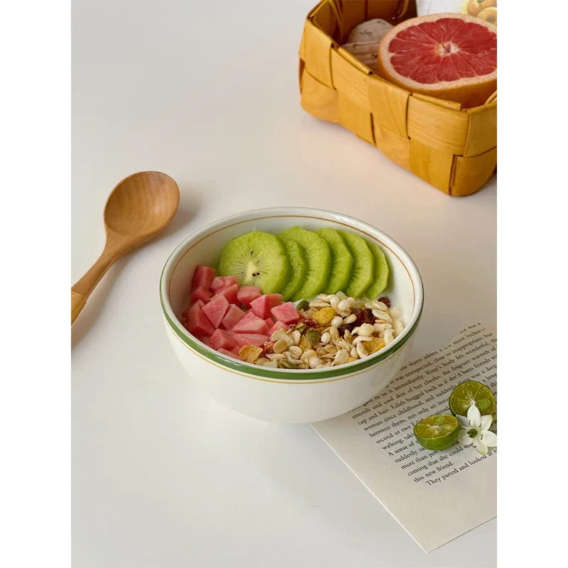 Korean Style Ins Ceramic Bowl Vintage Line Round Porcelain Tableware Breakfast Yogurt Milk Oats Lunch Rice Bowls Personal Items