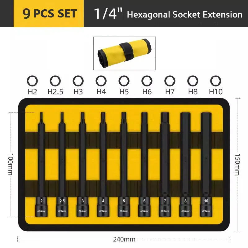 High Spec 1/4" Hexagon Socket Bit 9pcs Impact Allen Key Tool Power Hex Wrench Head SetInner Hexagonal Sleeve Screwdriver Bits