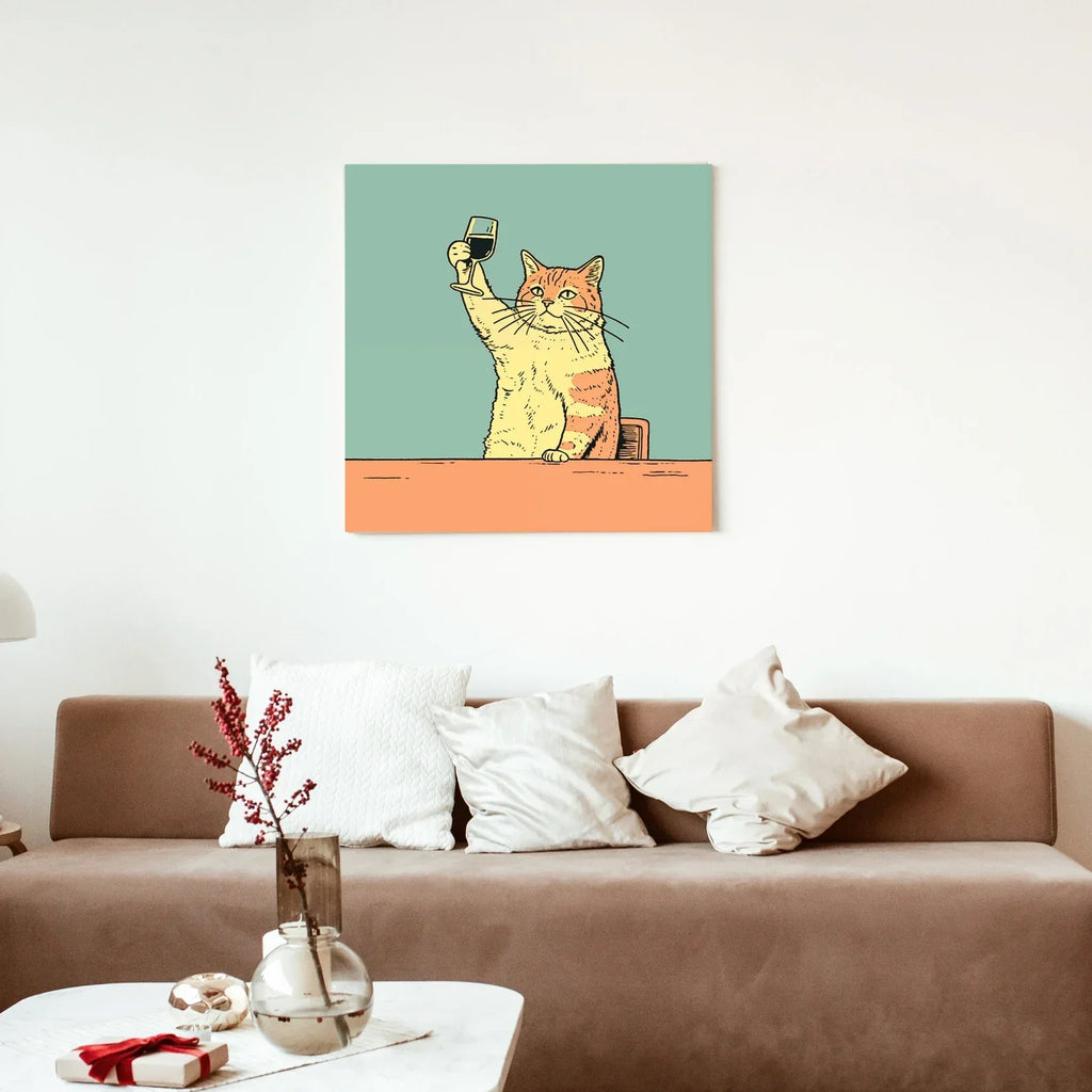 Funny Wine Cat Poster: Quirky Bar Cart Art for Bar Decor Cat Drinking Print Funny Cat Poster Yellow Wall Decor Gift for love