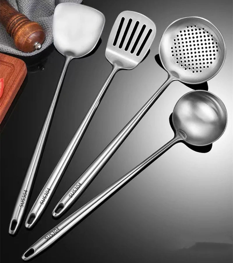 Thickened 304 stainless steel anti-scald spatula set, cooking spatula, kitchenware, household woks, soup spoons, strainers
