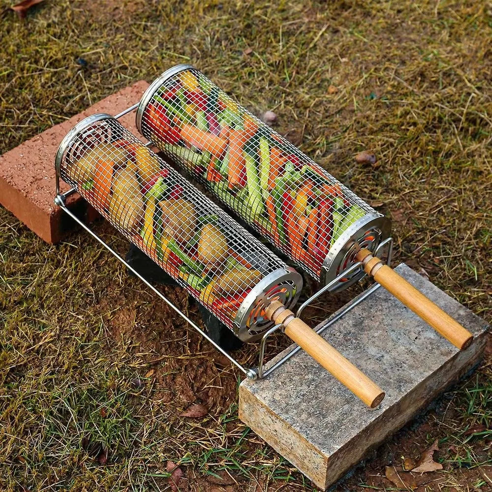 Nesting Grill Baskets 304 Stainless Steel Rolling Grilling Net Removable Wooden Handle BBQ Accessories Tools