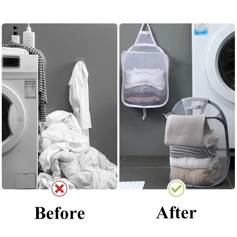 Large Hanging Laundry Basket Storage Bag Foldable Organizer For Dirty Clothes Meshcloth Multi-pocket Clothing Toy Storage Home