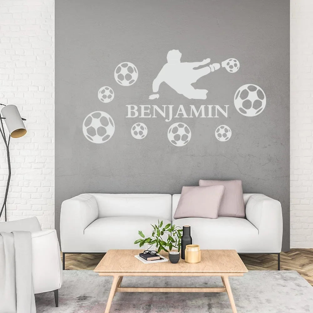 1pc Fashion Custom Name Boy Playing Football Wall Stickers Waterproof Wall Art Decal Bedroom Decor Wall Decoration Murals