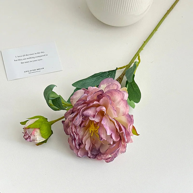 60CM Artificial Focal Edge Peony Flower Retro Oil Painting Baked Edge Peony Silk Flower Home Decoration Photography Prop