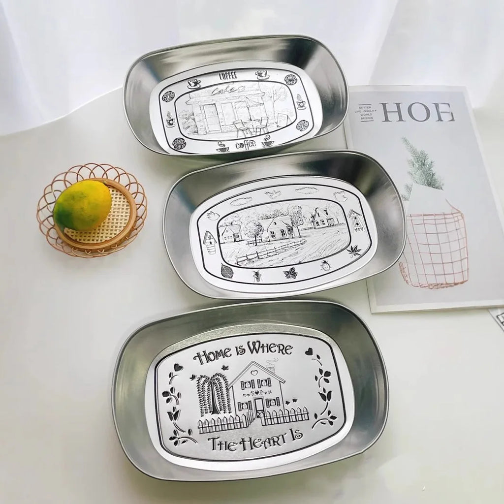 Retro Fruit Plate European Snack Plate Tinplate Restaurant Pastry Dish Metal Dried Fruit Dinner Tray Outdoor Picnic Tableware