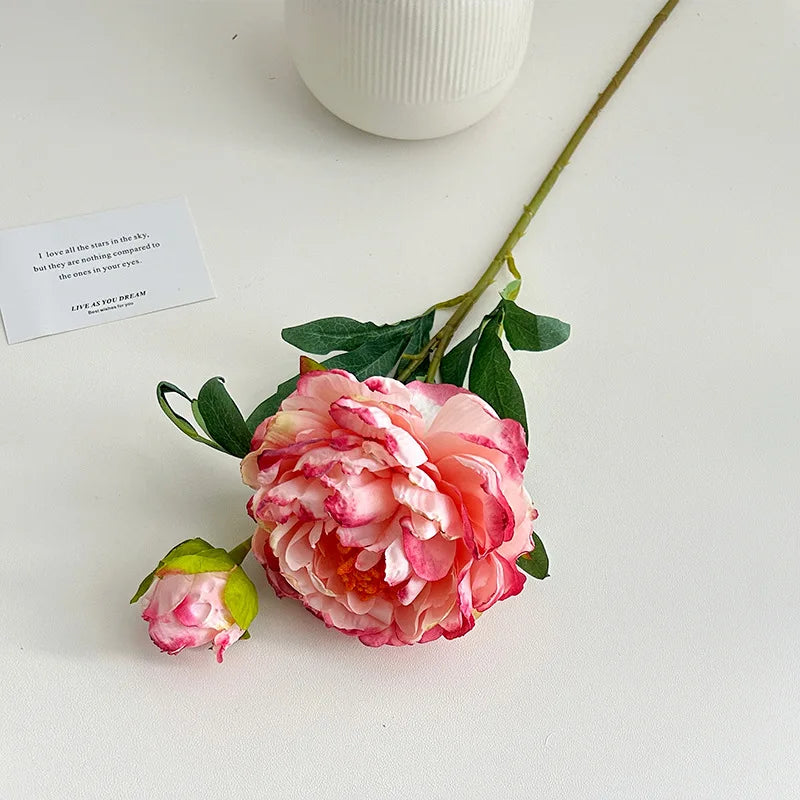 60CM Artificial Focal Edge Peony Flower Retro Oil Painting Baked Edge Peony Silk Flower Home Decoration Photography Prop
