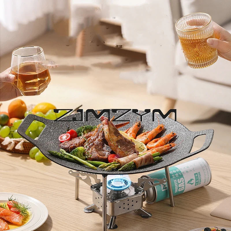 Round Grill Pan Thick Cast Iron Frying Pan Flat Pancake Griddle Non-stick Maifan Stone Cooker Barbecue Tray BBQ Pan