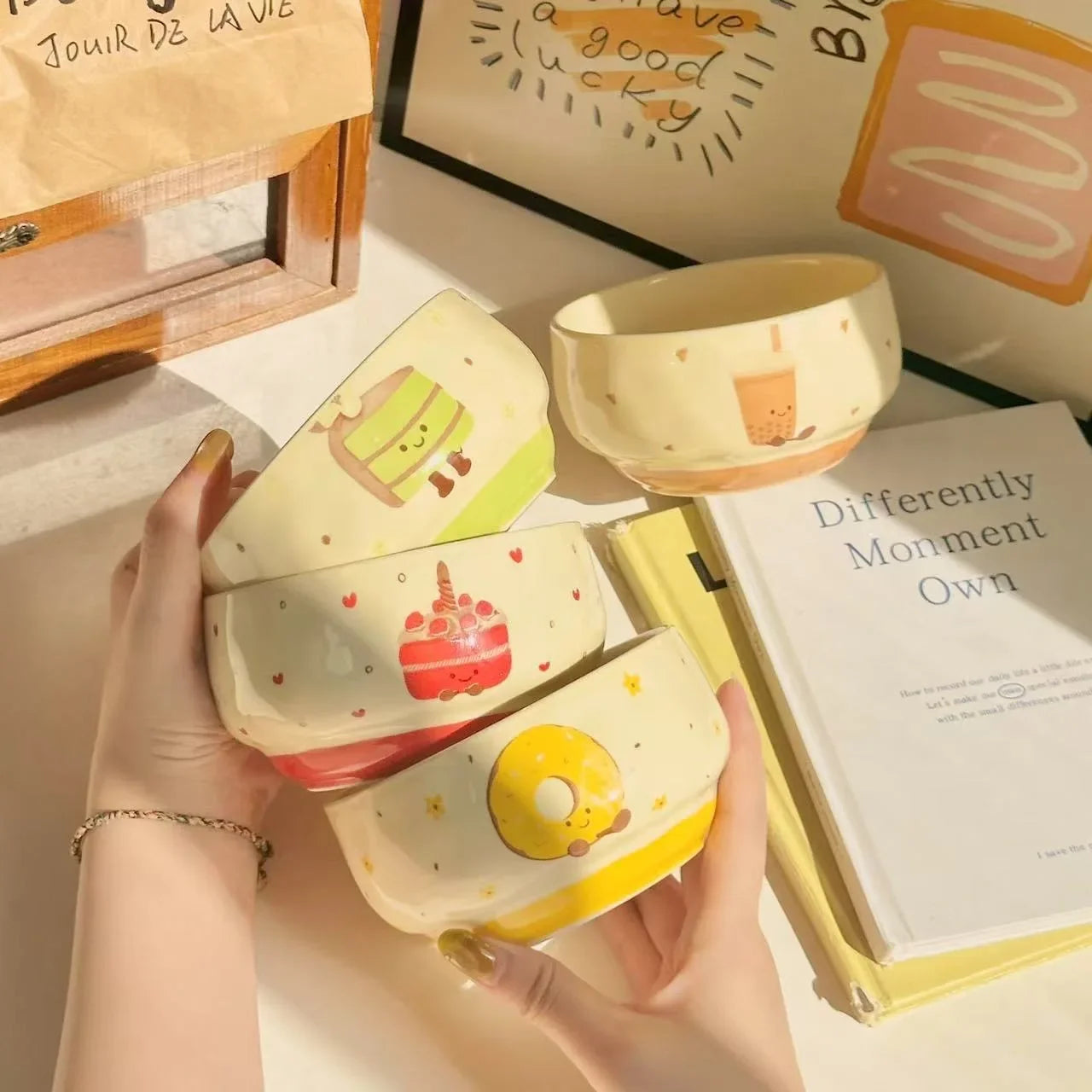 Cute Ceramic Bowl Household 4.5 Inch Cartoon Cake Pattern Instant Noodles Bowls Aesthetic Underglazed Colour Dinner Tableware