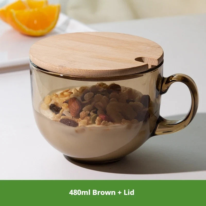 480ml Transparent Creative Glass Coffee Tea Mug Drinks Dessert Breakfast Milk Cup Glass Mugs Handle Drinkware With Cup Lid Spoon