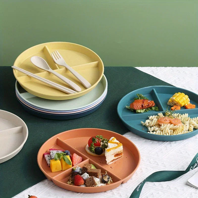 1pc Adult Weight Control Dinner Plate For Restaurant, 8 Colors, 3 Grids Round Plastic Individual Plate, Reusable Healthy Diet An