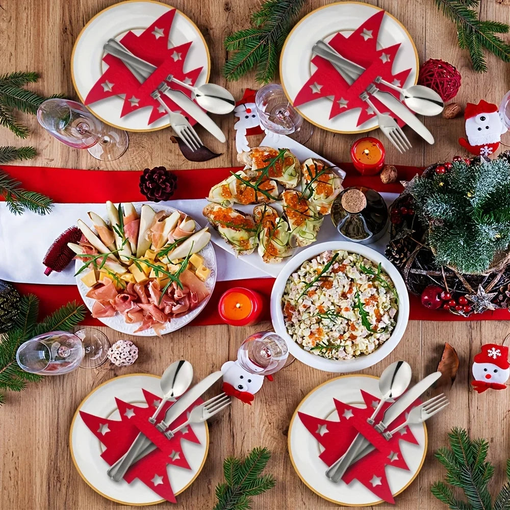 12pcs Christmas Tree Placemats Felt Fork and Spoon Bag Set Suitable for Christmas and Other Holiday Party Table Decoration
